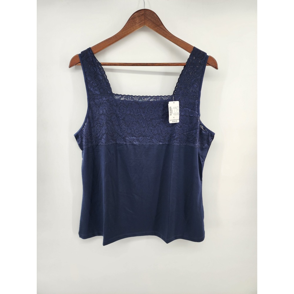 Christopher & Banks Womens XL Navy Blue Lace Trim Square Neck Tank Top